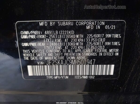 JF2SKAJC9MH501947 2021 SUBARU FORESTER Black ძრავის განყოფილების ხედი