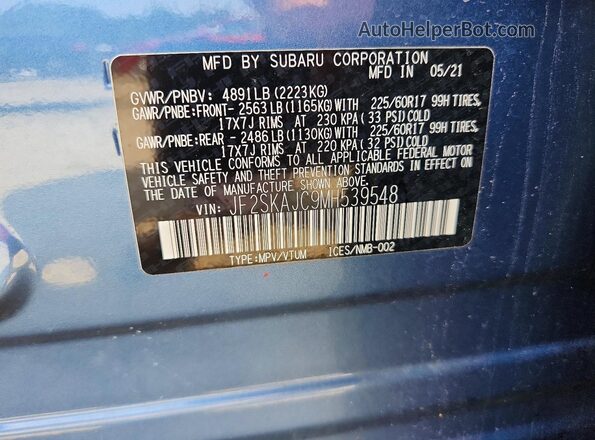 JF2SKAJC9MH539548 2021 SUBARU FORESTER Blue VIN կոդի պիտակի տեսք