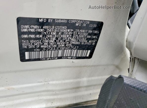 JF2SKAJCXMH487542 2021 SUBARU FORESTER White Vista de la etiqueta del VIN