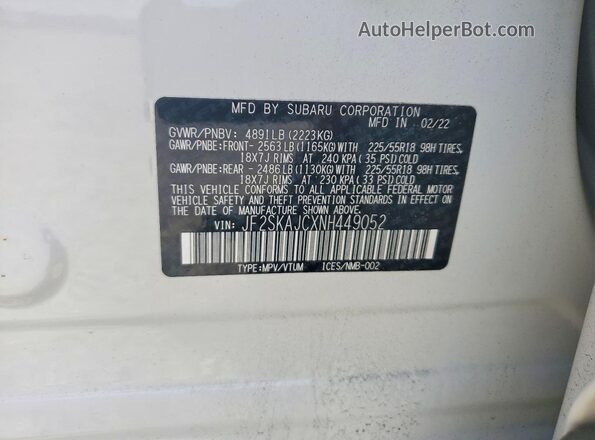 JF2SKAJCXNH449052 2022 SUBARU FORESTER White Widok naklejki z numerem VIN