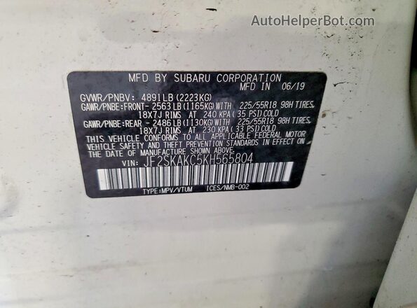 JF2SKAKC5KH565804 2019 SUBARU FORESTER Cream Вид наклейки з VIN-кодом