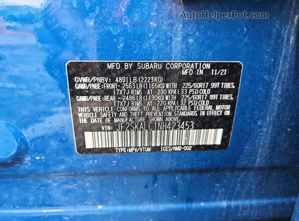 JF2SKALC1NH423453 2022 SUBARU FORESTER Blue VIN sticker view