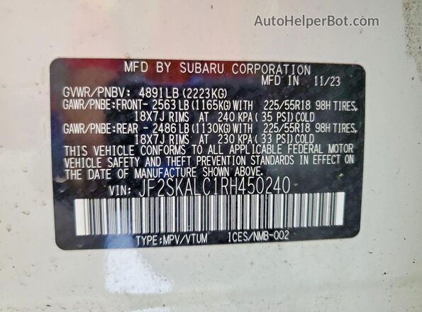 JF2SKALC1RH450240 2024 SUBARU FORESTER Белый Панорамный вид салона 360°