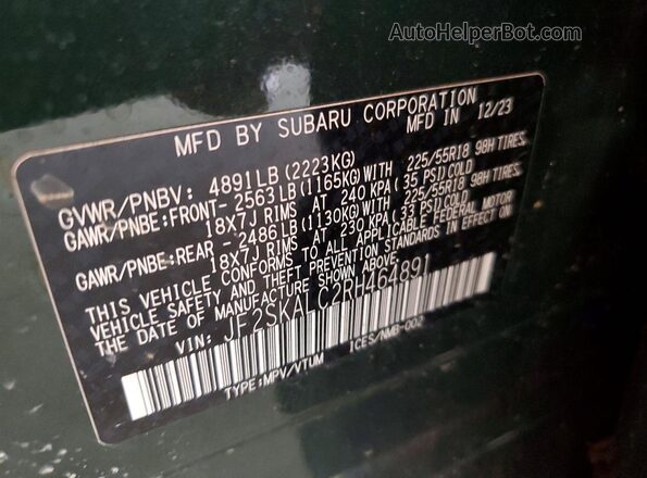 JF2SKALC2RH464891 2024 SUBARU FORESTER Зеленый Вид подкапотного пространства