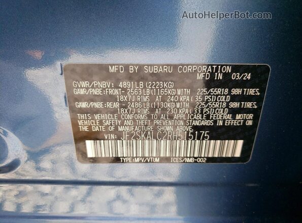 JF2SKALC2RH515175 2024 SUBARU FORESTER Blue Widok naklejki z numerem VIN