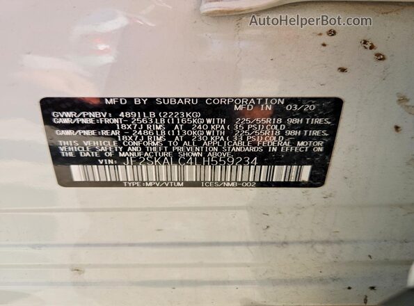 JF2SKALC4LH559234 2020 SUBARU FORESTER Белый Вид наклейки с VIN-кодом