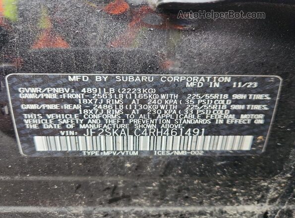 JF2SKALC4RH461491 2024 SUBARU FORESTER Black VIN კოდის სტიკერის ხედი