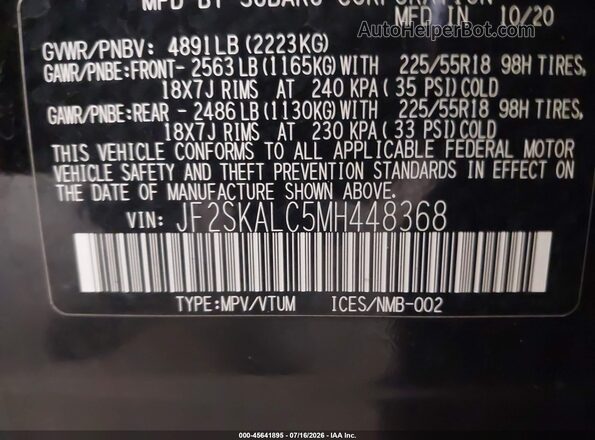 JF2SKALC5MH448368 2021 SUBARU FORESTER Black Vista del compartimento del motor
