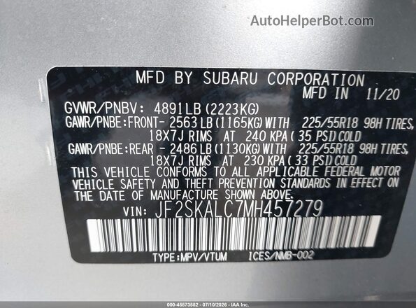 JF2SKALC7MH457279 2021 SUBARU FORESTER Silver Engine compartment view
