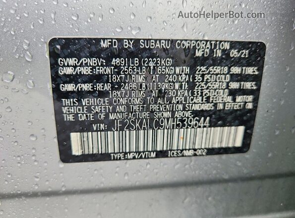 JF2SKALC9MH539644 2021 SUBARU FORESTER Silver Vista de la etiqueta del VIN