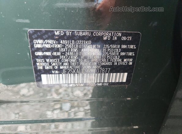 JF2SKALC9RH407877 2024 SUBARU FORESTER Green Вид підкапотного простору