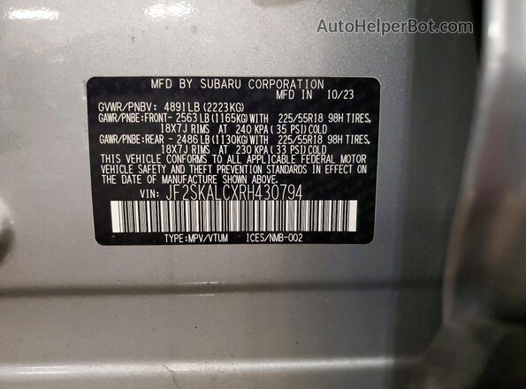 JF2SKALCXRH430794 2024 SUBARU FORESTER Silver Вид наклейки з VIN-кодом