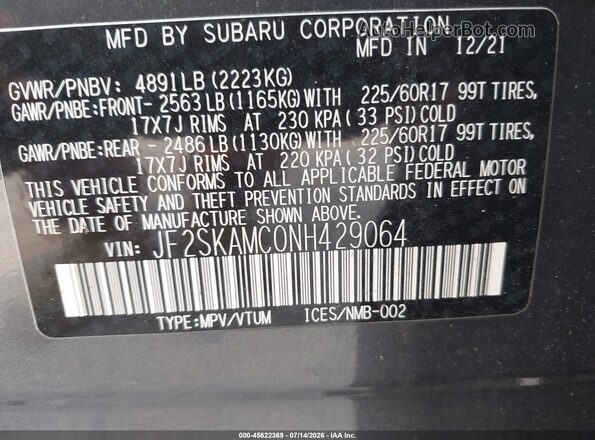 JF2SKAMC0NH429064 2022 SUBARU FORESTER Gray ძრავის განყოფილების ხედი