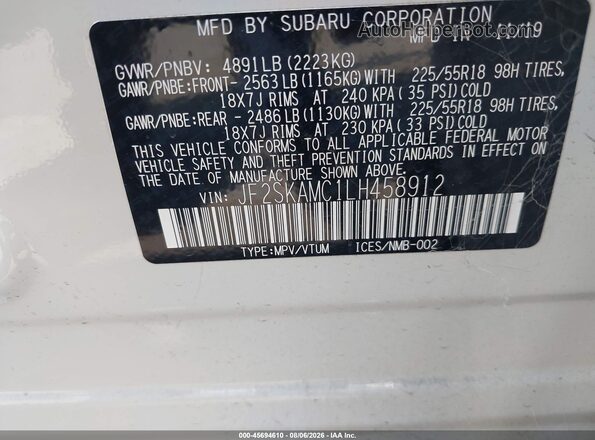 JF2SKAMC1LH458912 2020 SUBARU FORESTER White Widok komory silnika