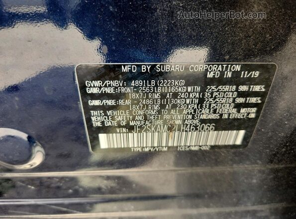 JF2SKAMC2LH463066 2020 SUBARU FORESTER Синий Вид наклейки с VIN-кодом