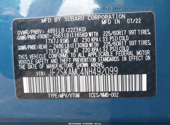 JF2SKAMC4NH492099 2022 SUBARU FORESTER Blue Շարժիչի բաժամունքի տեսք