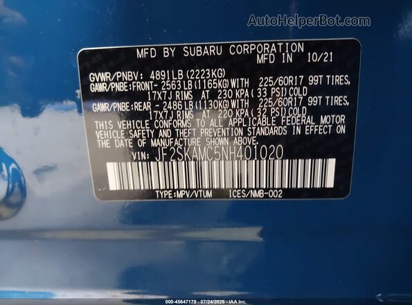 JF2SKAMC5NH401020 2022 SUBARU FORESTER Blue Vista del compartimento del motor