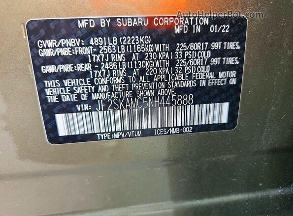 JF2SKAMC5NH445888 2022 SUBARU FORESTER Green VIN კოდის სტიკერის ხედი
