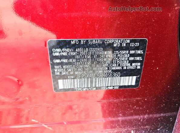 JF2SKAMC5RH466360 2024 SUBARU FORESTER Maroon VIN კოდის სტიკერის ხედი