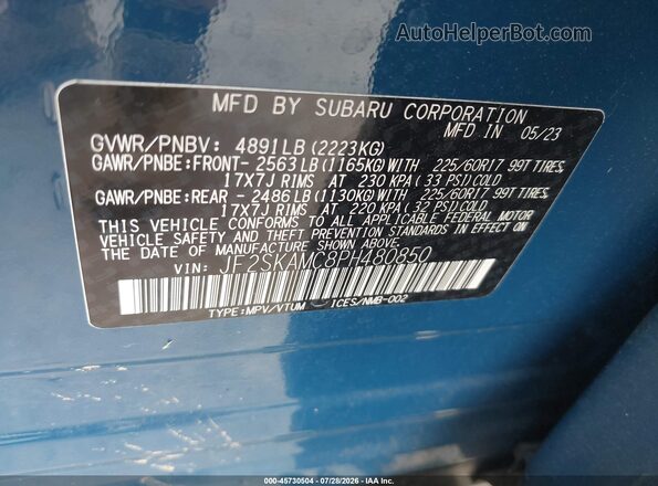 JF2SKAMC8PH480850 2023 SUBARU FORESTER Blue Շարժիչի բաժամունքի տեսք