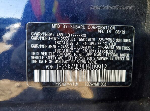 JF2SKAMC9LH409912 2020 SUBARU FORESTER Blue Панорамний вид салону 360°