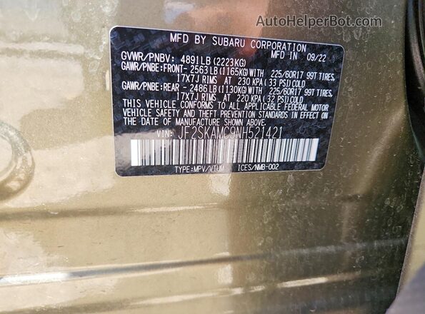 JF2SKAMC9NH521421 2022 SUBARU FORESTER Green VIN կոդի պիտակի տեսք