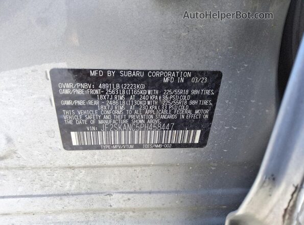 JF2SKANC5PH458447 2023 SUBARU FORESTER Silver Vista de la etiqueta del VIN