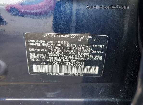 JF2SKAPC0KH482323 2019 SUBARU B9 Blue VIN კოდის სტიკერის ხედი
