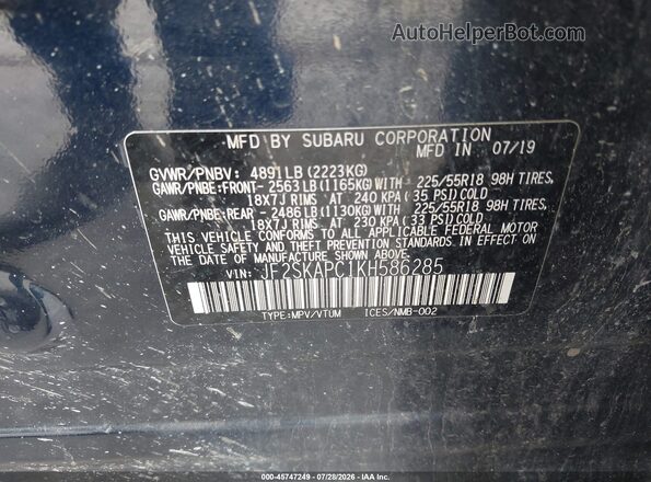 JF2SKAPC1KH586285 2019 SUBARU FORESTER Синий Вид подкапотного пространства
