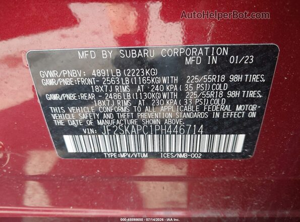 JF2SKAPC1PH446714 2023 SUBARU FORESTER Red Engine compartment view