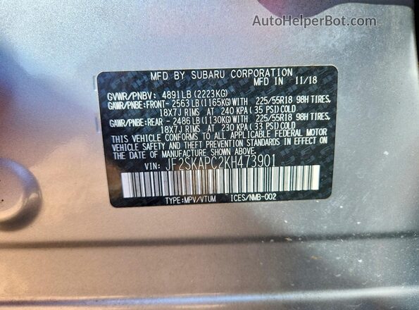 JF2SKAPC2KH473901 2019 SUBARU FORESTER Silver VIN კოდის სტიკერის ხედი