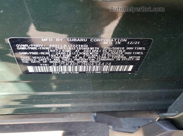 JF2SKAPC2NH434424 2022 SUBARU FORESTER Green Widok naklejki z numerem VIN