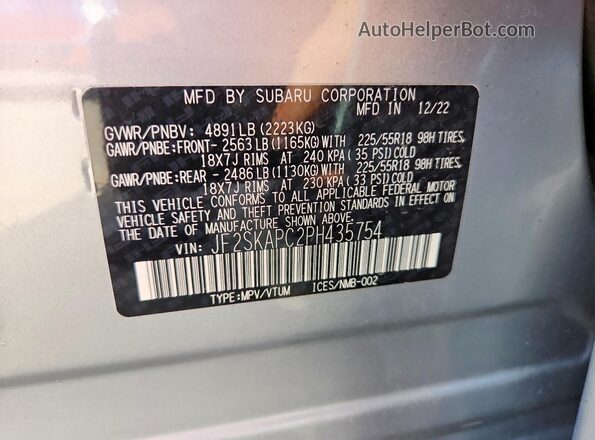 JF2SKAPC2PH435754 2023 SUBARU FORESTER Silver VIN sticker view