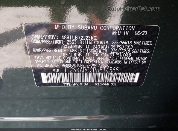JF2SKAPC2PH514566 2023 SUBARU FORESTER Green Engine compartment view