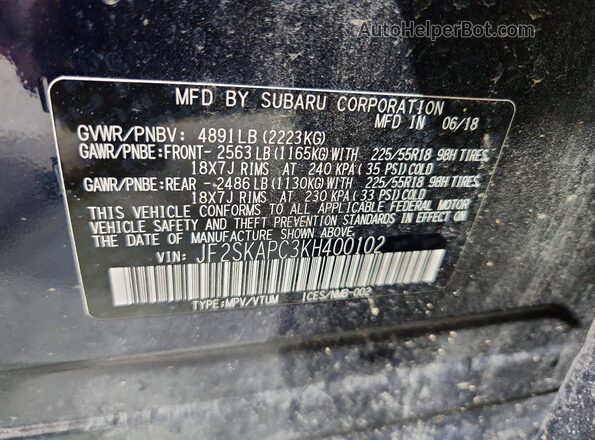 JF2SKAPC3KH400102 2019 SUBARU FORESTER Синий Вид наклейки с VIN-кодом