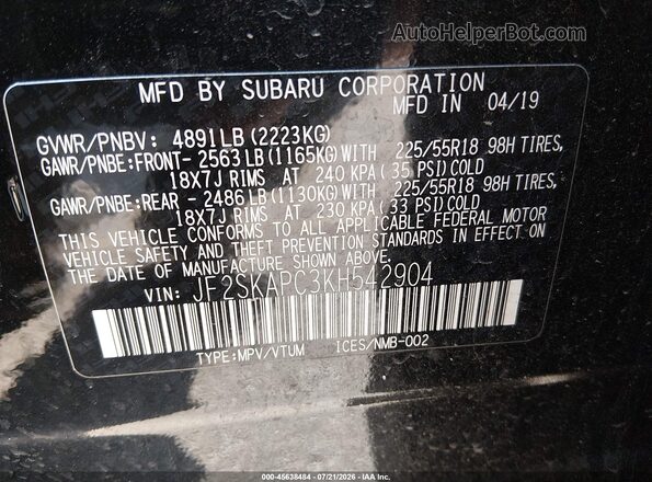 JF2SKAPC3KH542904 2019 SUBARU FORESTER Black Շարժիչի բաժամունքի տեսք