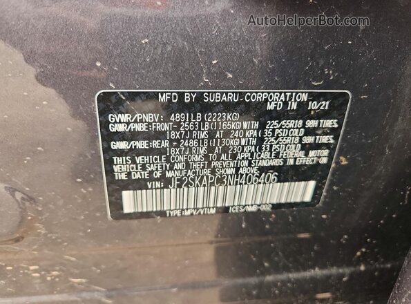 JF2SKAPC3NH406406 2022 SUBARU FORESTER Gray Вид підкапотного простору