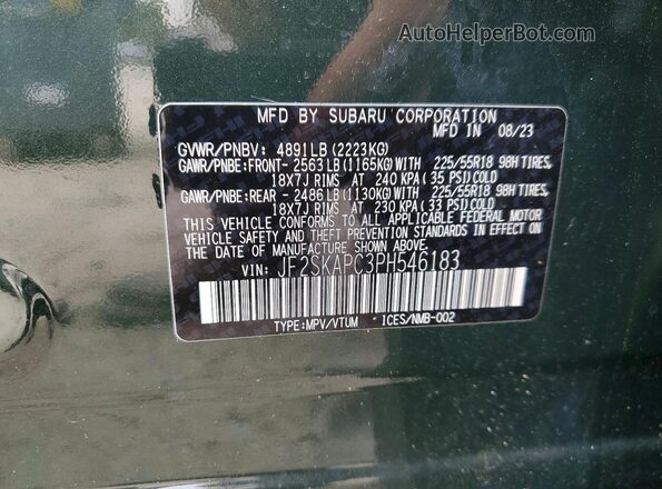 JF2SKAPC3PH546183 2023 SUBARU FORESTER Green Widok wnętrza 360 stopni