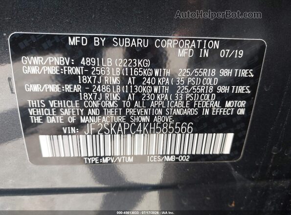 JF2SKAPC4KH585566 2019 SUBARU FORESTER Black ძრავის განყოფილების ხედი