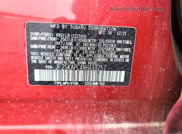 JF2SKAPC4NH433257 2022 SUBARU FORESTER Burgundy VIN კოდის სტიკერის ხედი