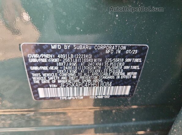 JF2SKAPC4PH518084 2023 SUBARU FORESTER Green Vista de la etiqueta del VIN