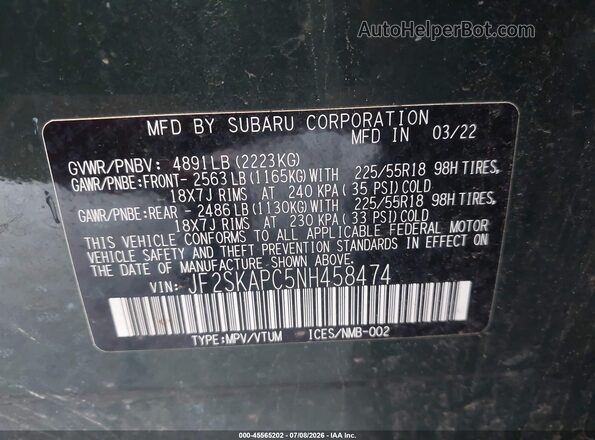 JF2SKAPC5NH458474 2022 SUBARU FORESTER Зеленый Вид подкапотного пространства