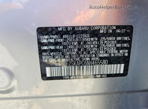 JF2SKAPC6NH465580 2022 SUBARU FORESTER Silver Widok naklejki z numerem VIN