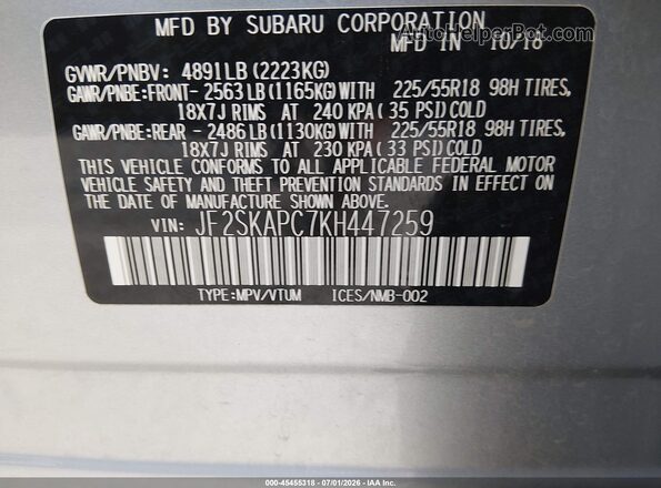 JF2SKAPC7KH447259 2019 SUBARU FORESTER Серебряный Вид подкапотного пространства