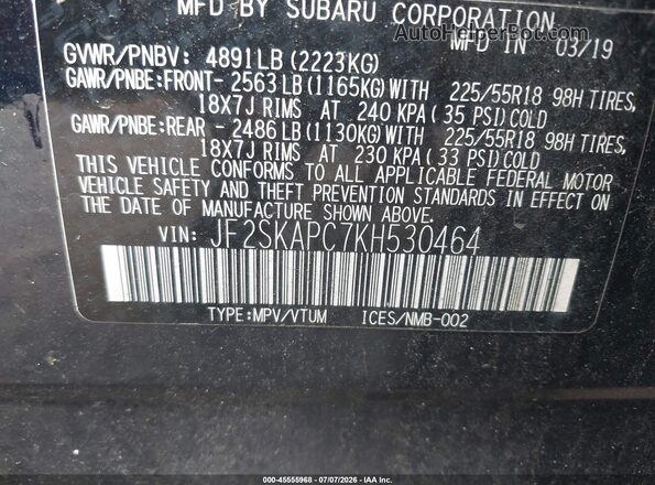 JF2SKAPC7KH530464 2019 SUBARU FORESTER Blue Engine compartment view
