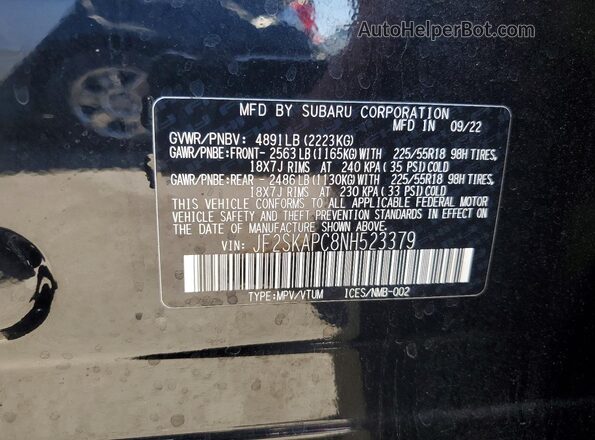 JF2SKAPC8NH523379 2022 SUBARU FORESTER Black Widok naklejki z numerem VIN