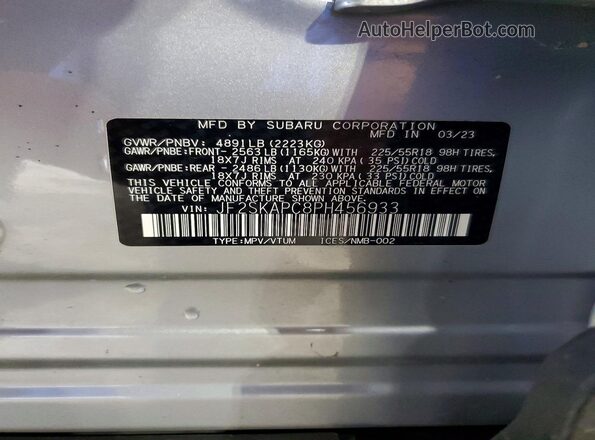 JF2SKAPC8PH456933 2023 SUBARU FORESTER Silver Vista de la etiqueta del VIN
