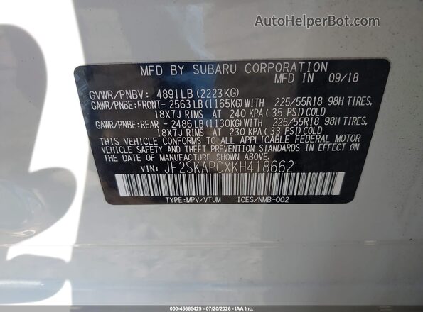 JF2SKAPCXKH418662 2019 SUBARU FORESTER White ძრავის განყოფილების ხედი