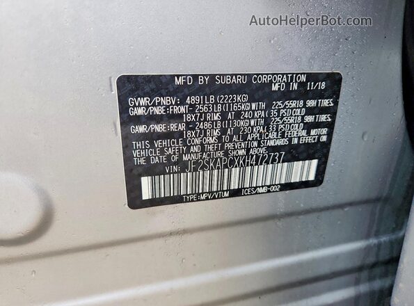JF2SKAPCXKH472737 2019 SUBARU FORESTER Серебряный Вид наклейки с VIN-кодом