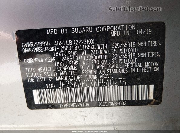 JF2SKAPCXKH540275 2019 SUBARU FORESTER Silver Widok komory silnika